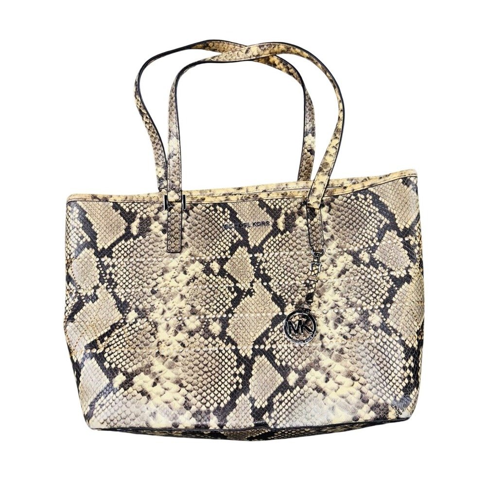 MICHAEL KORS Jet Set Travel Tote Bag Women Beige Black Python Print Shopping